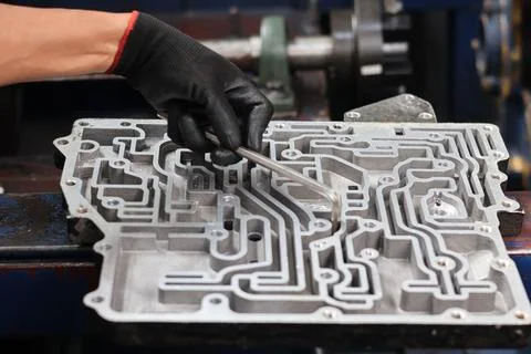 Mechanic using an allen key to service an automatic transmission valve body. Stock Photos