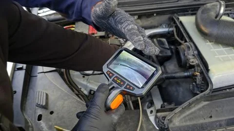 Mechanic using borescope to inspect car engine. Close-up of a mechanic holding a Stock Photos