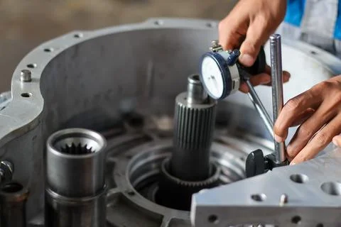 Mechanic using dial indicator on car transmission. Stock Photos