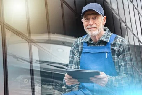 Mechanic using digital tablet for checking car engine; multiple exposure Stock Photos
