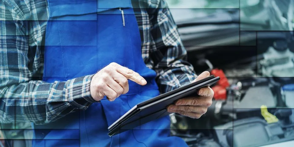 Mechanic using digital tablet for checking car engine, geometric pattern Stock Photos