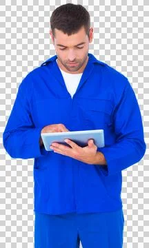 Mechanic using digital tablet on white background Foto stock