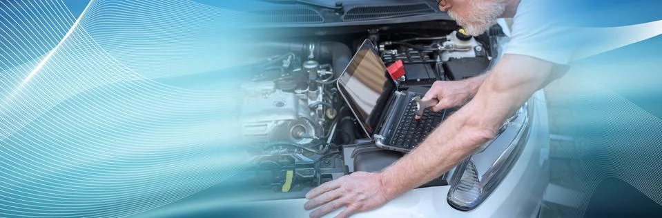 Mechanic using laptop for checking car engine. panoramic banner Stock Photos