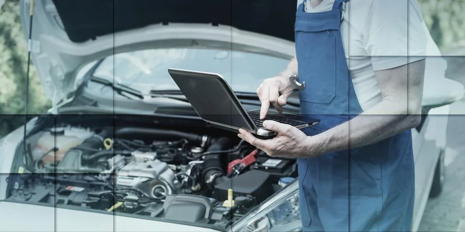 Mechanic using laptop for checking car engine, geometric pattern Stock Photos