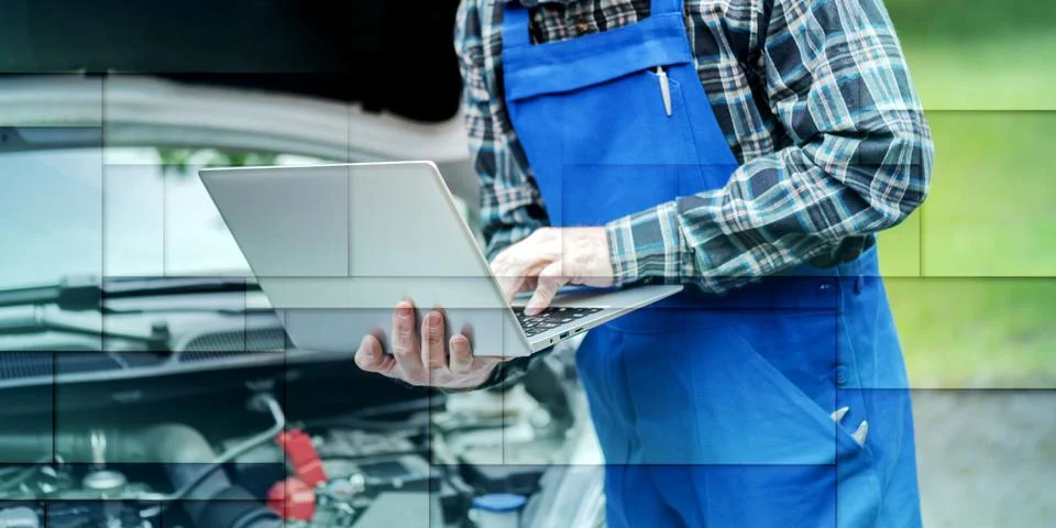 Mechanic using laptop for checking car engine, geometric pattern Stock Photos