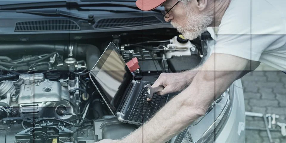 Mechanic using laptop for checking car engine, geometric pattern Stock Photos