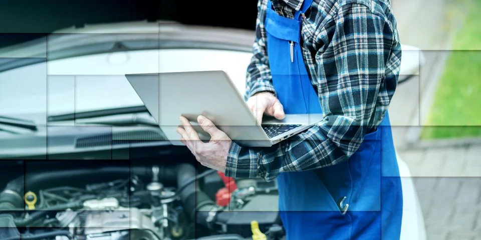 Mechanic using laptop for checking car engine, geometric pattern Stock Photos