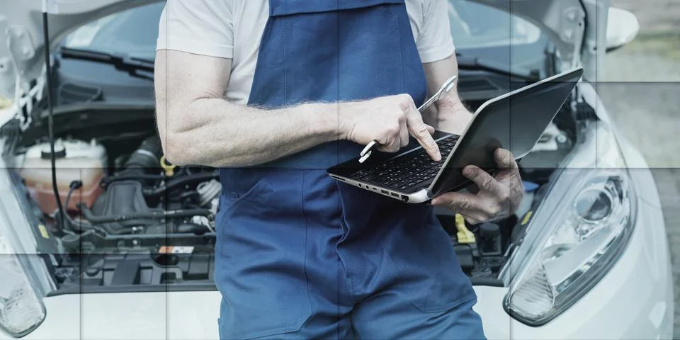 Mechanic using laptop for checking car engine, geometric pattern Stock Photos