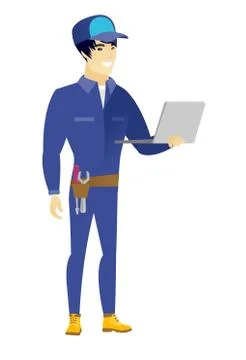 Mechanic using laptop vector illustration Stock Illustration