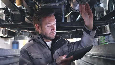 Mechanic Using Tablet for Car Diagnostics in Auto Repair Shop Stock Photos