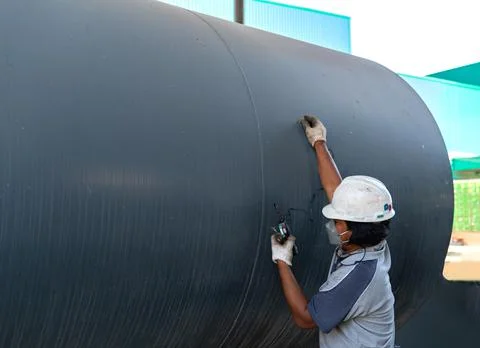 The mechanic is using thickness guage to test the thickness of the oil tank. Stock Photos