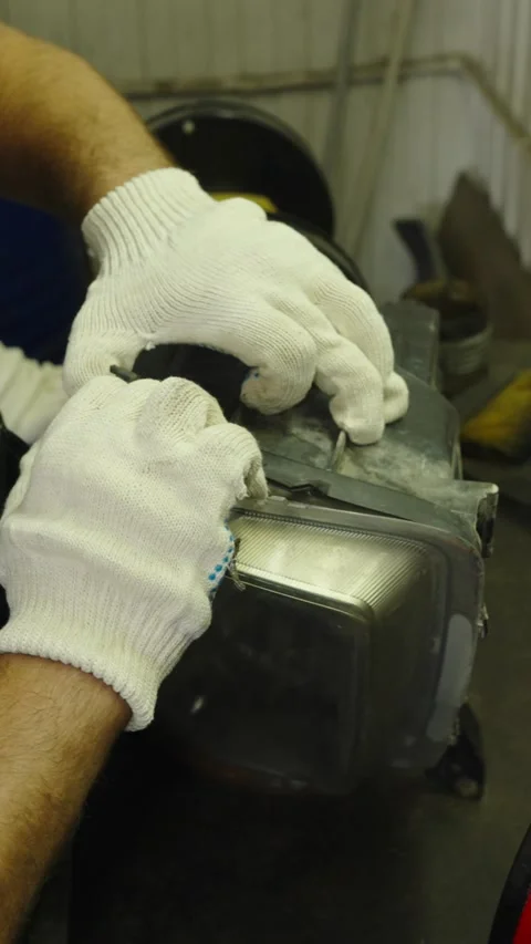 A mechanic in work gloves repairs a car headlight assembly Stock Footage 339686157