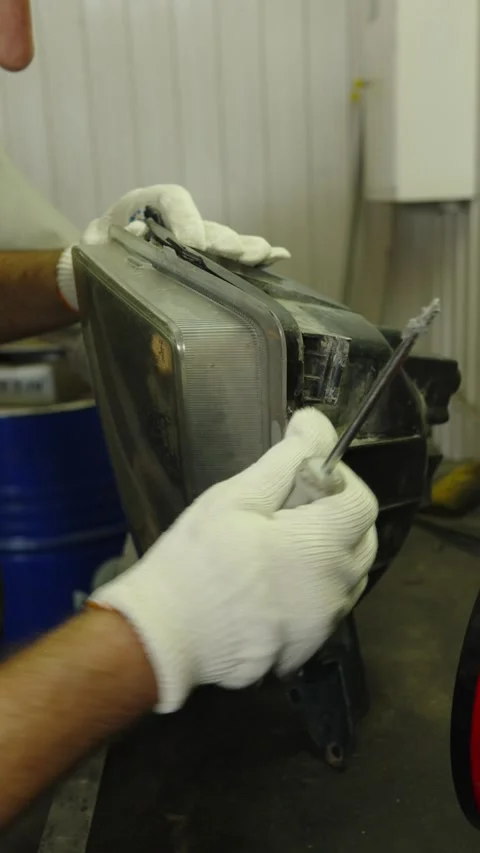 A mechanic in work gloves repairs a car headlight assembly Stock Footage 339686628