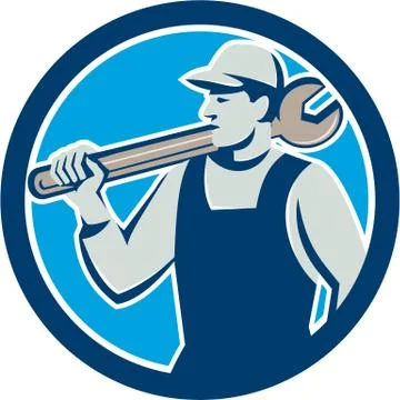 Mechanic Worker Holding Spanner Circle Retro Stock Illustration