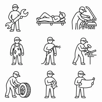 Mechanic worker icons set, line style, various tasks Silhouette Stock Illustration