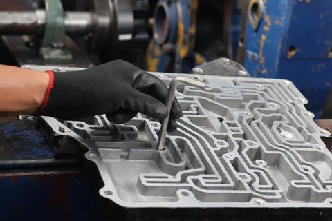 Mechanic working with an allen key on an automatic transmission valve body. Stock Photos
