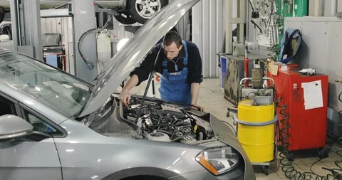 Mechanic Working On Car Engine Bay In The Dealer Service Video stock 124956554