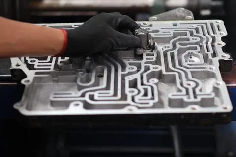 Mechanic working on a component of an automatic transmission valve body. Stock Photos