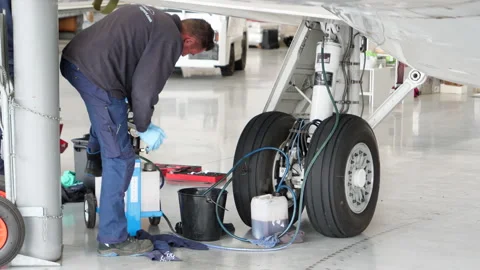 Mechanic working on hydraulic fluid system of landing gear. Close up Video stock 227246951