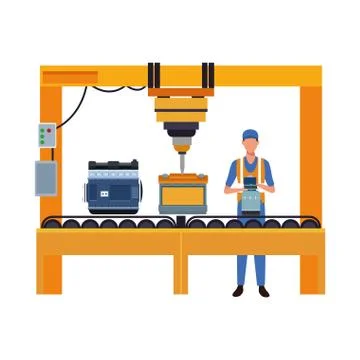 Mechanic working on a machine with battery and engine Stock Illustration