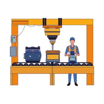 Mechanic working on a machine with battery and engine, colorful design Stock Illustration