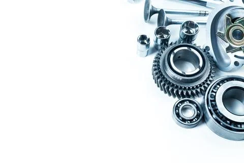 Mechanic workshop display featuring various engine parts and tools often used Stock Photos