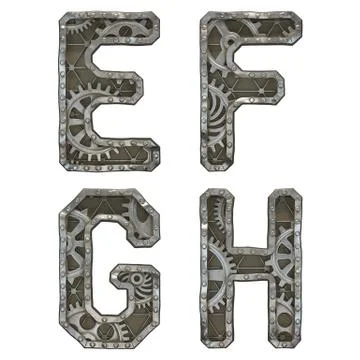 Mechanical alphabet made from rivet metal with gears on white background. Set of Ilustração Stock