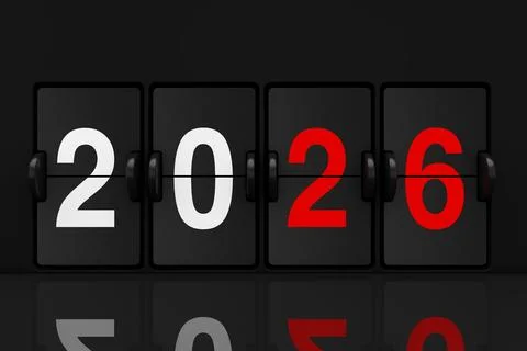 Mechanical Analog Flip Clock Board with 2026 New Year Sign. 3d Rendering Stock-Illustration