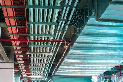 Mechanical and electrical services on the ceiling in a construction site. Stock Photos