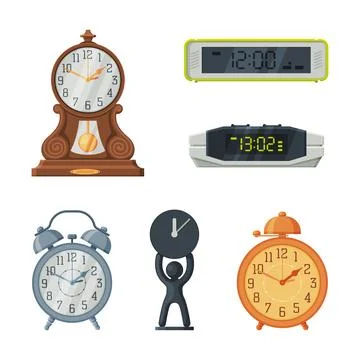 Mechanical and electronic clocks for time measurement collection cartoon vector Stock Illustration