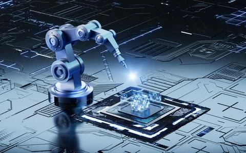 Mechanical arm and circuit chip in the sci-tech background, 3d rendering. Stock Illustration