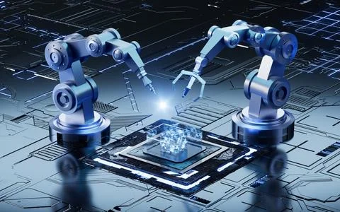 Mechanical arm and circuit chip in the sci-tech background, 3d rendering. Stock Illustration