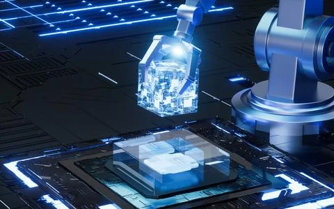 Mechanical arm and circuit chip in the sci-tech background, 3d rendering. イラスト素材