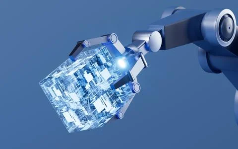 Mechanical arm and circuit chip in the sci-tech background, 3d rendering. イラスト素材