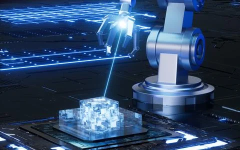 Mechanical arm and circuit chip in the sci-tech background, 3d rendering. Stock Illustration