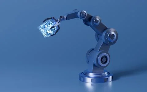Mechanical arm and circuit chip in the sci-tech background, 3d rendering. Stock Illustration