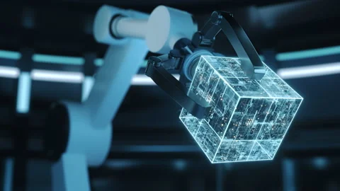 Mechanical arm and cube in a futuristic room, 3d rendering. Stock Footage 159748331