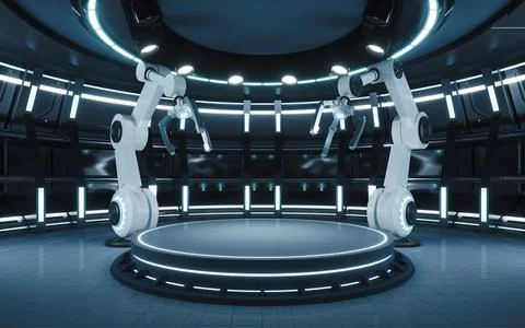 Mechanical arm and empty stage in the round room, 3d rendering. Stock Illustration