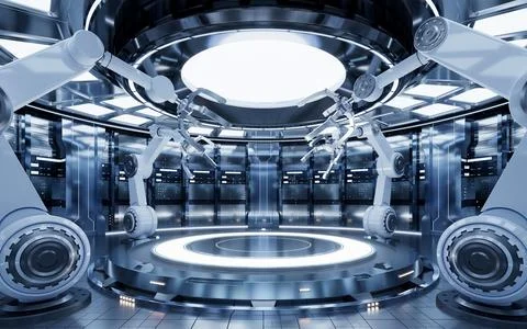 Mechanical arm and empty stage, 3d rendering. Stock Illustration