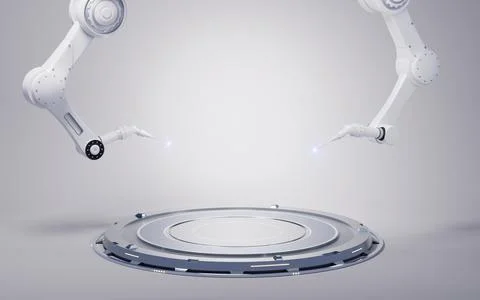 Mechanical arm and empty stage, 3d rendering. Stock Photos