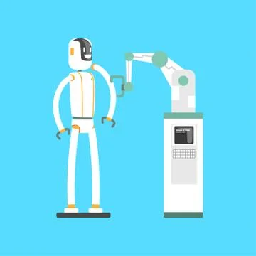 Mechanical arm and robot, robotic arm working in a lab cartoon vector Illustrazione stock