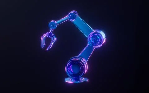 Mechanical arm with dark neon light effect, 3d rendering. Stock Illustration