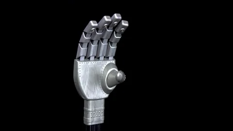 A mechanical arm flexes fingers. Gray cyborg arm came to life and began to move Stock Footage 126662659