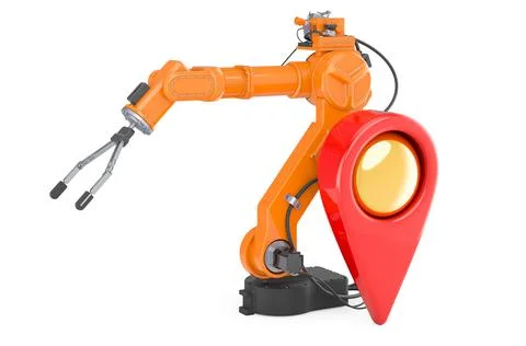 Mechanical arm with map pointer. 3D rendering Illustrazione stock