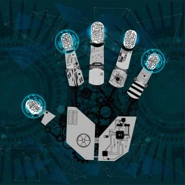 Mechanical arm, robot hand, hand graphics in technological guise, arm mechanism Ilustración de archivo