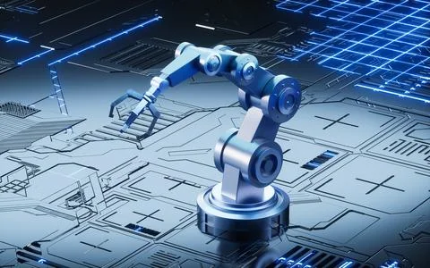 Mechanical arm in the sci-tech background, 3d rendering. Stock Illustration