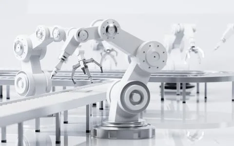 Mechanical arms apply to assembly line, Mechanical operation, 3d rendering. Stock Illustration