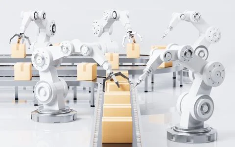 Mechanical arms carry boxes, Assembly line and mechanical operation, 3d ren.. Stock Illustration