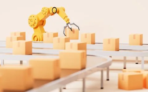 Mechanical arms carry boxes, Assembly line and mechanical operation, 3d ren.. Stock Illustration