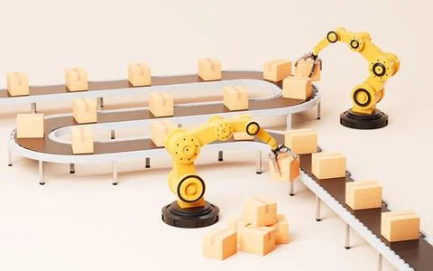 Mechanical arms carry boxes, Assembly line and mechanical operation, 3d ren.. Stock Illustration